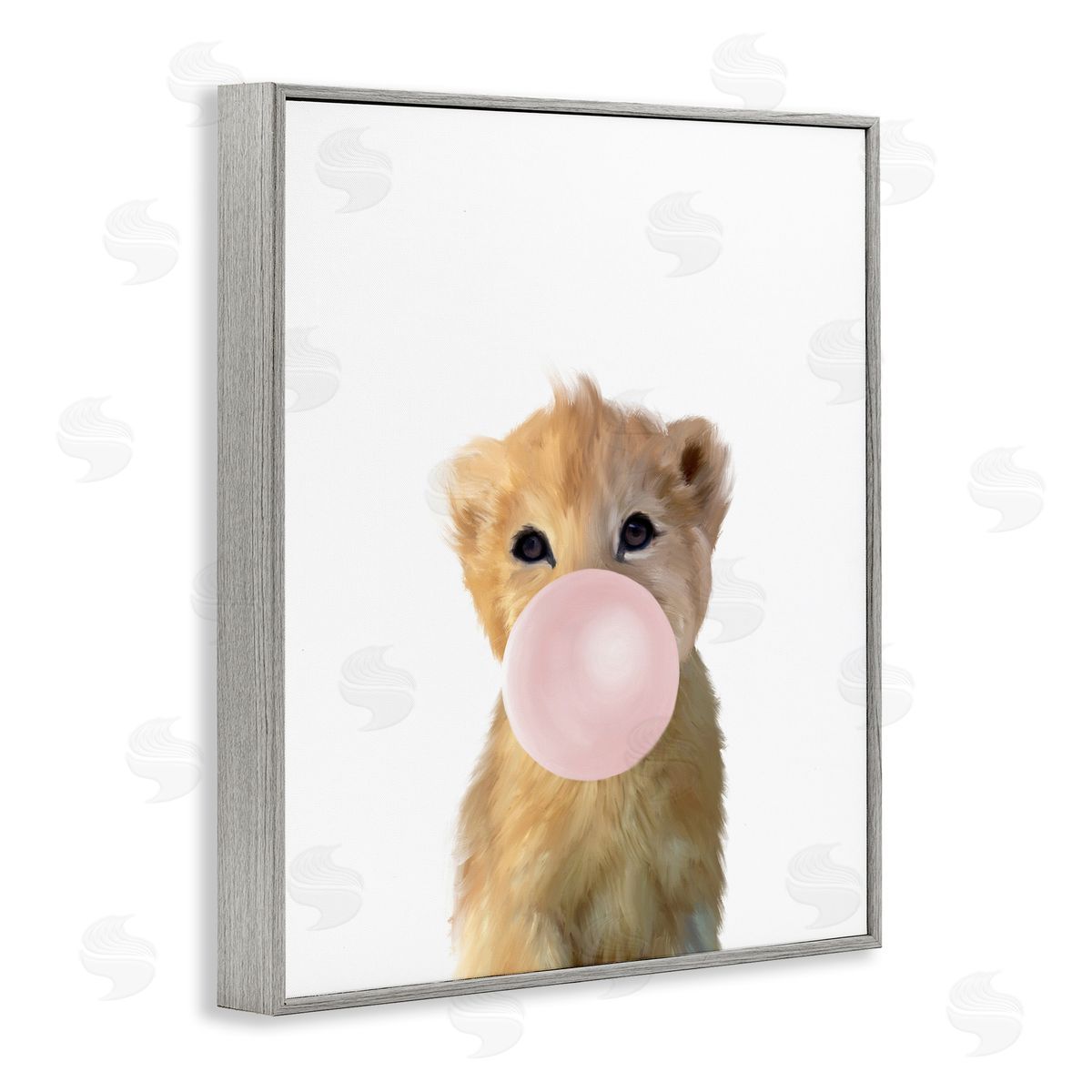 Leah Straatsma Baby Lion with Pink Bubble Gum Jungle Animal Gray Framed Giclee Wall Art