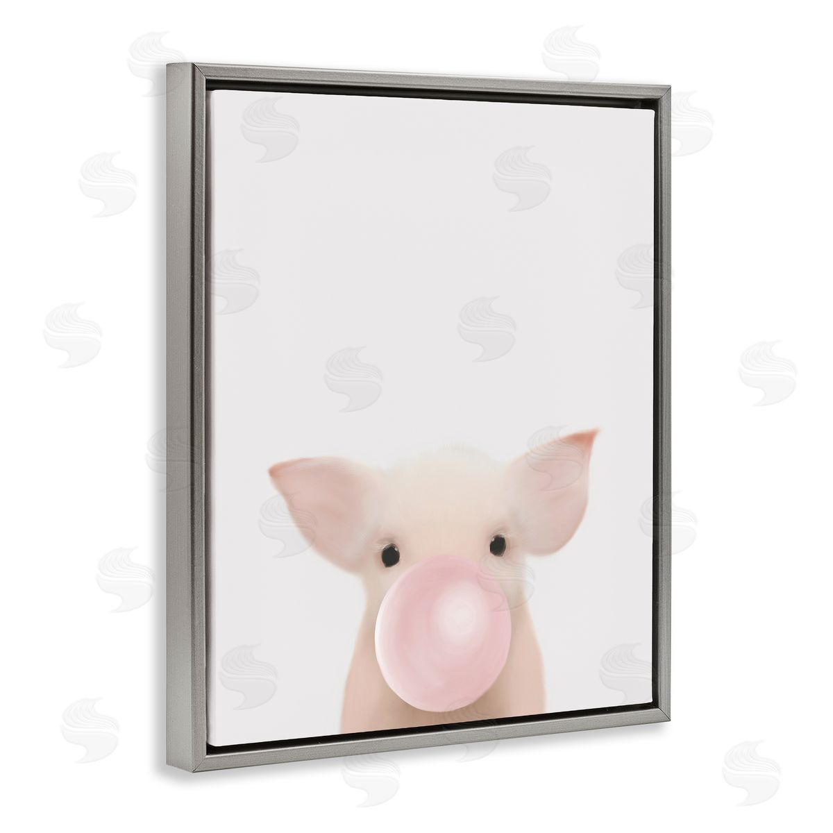 Leah Straatsma Baby Farm Piglet with Pink Bubble Gum Gray Floater Frame Canvas Art