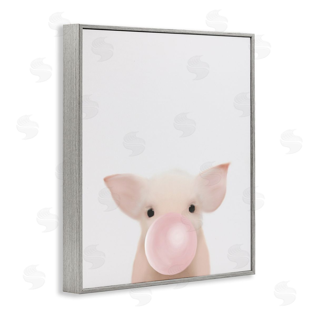 Leah Straatsma Baby Farm Piglet with Pink Bubble Gum Gray Framed Giclee Wall Art
