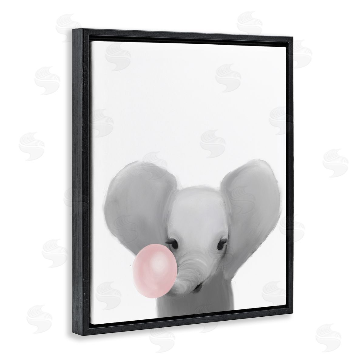 Leah Straatsma Baby Elephant with Pink Bubble Gum Safari Animal Black Floater Frame Canvas Art