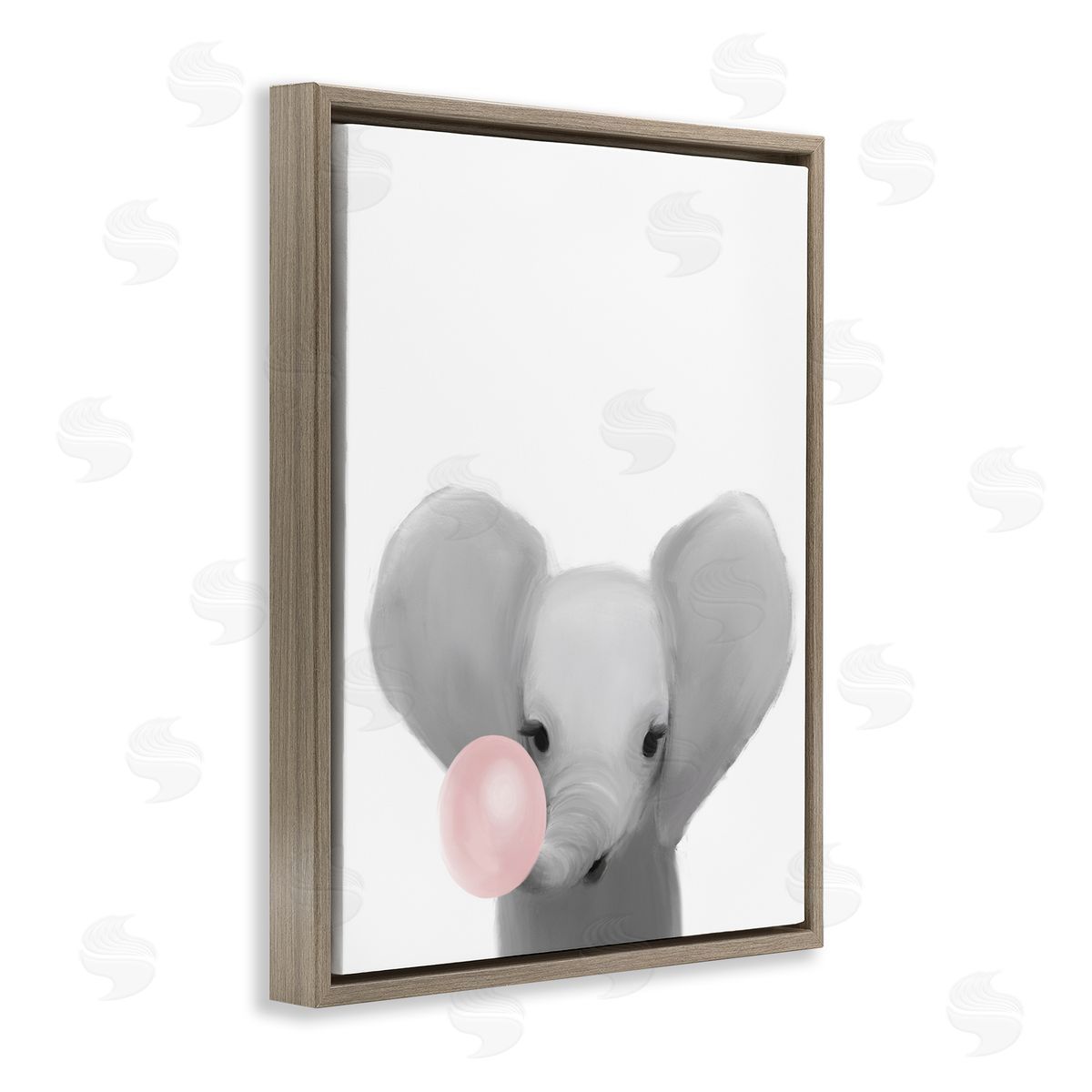 Leah Straatsma Baby Elephant with Pink Bubble Gum Safari Animal Brown Floater Frame Canvas Art