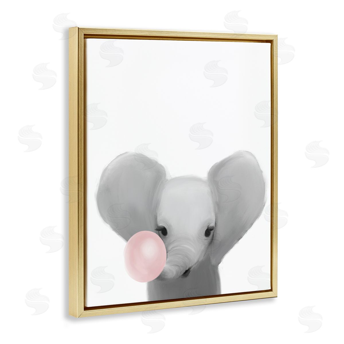 Leah Straatsma Baby Elephant with Pink Bubble Gum Safari Animal Gold Floater Frame Canvas Art