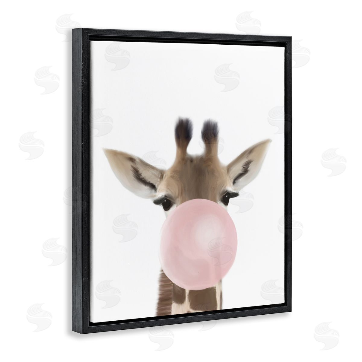 Leah Straatsma Baby Giraffe with Pink Bubble Gum Safari Animal Black Floater Frame Canvas Art