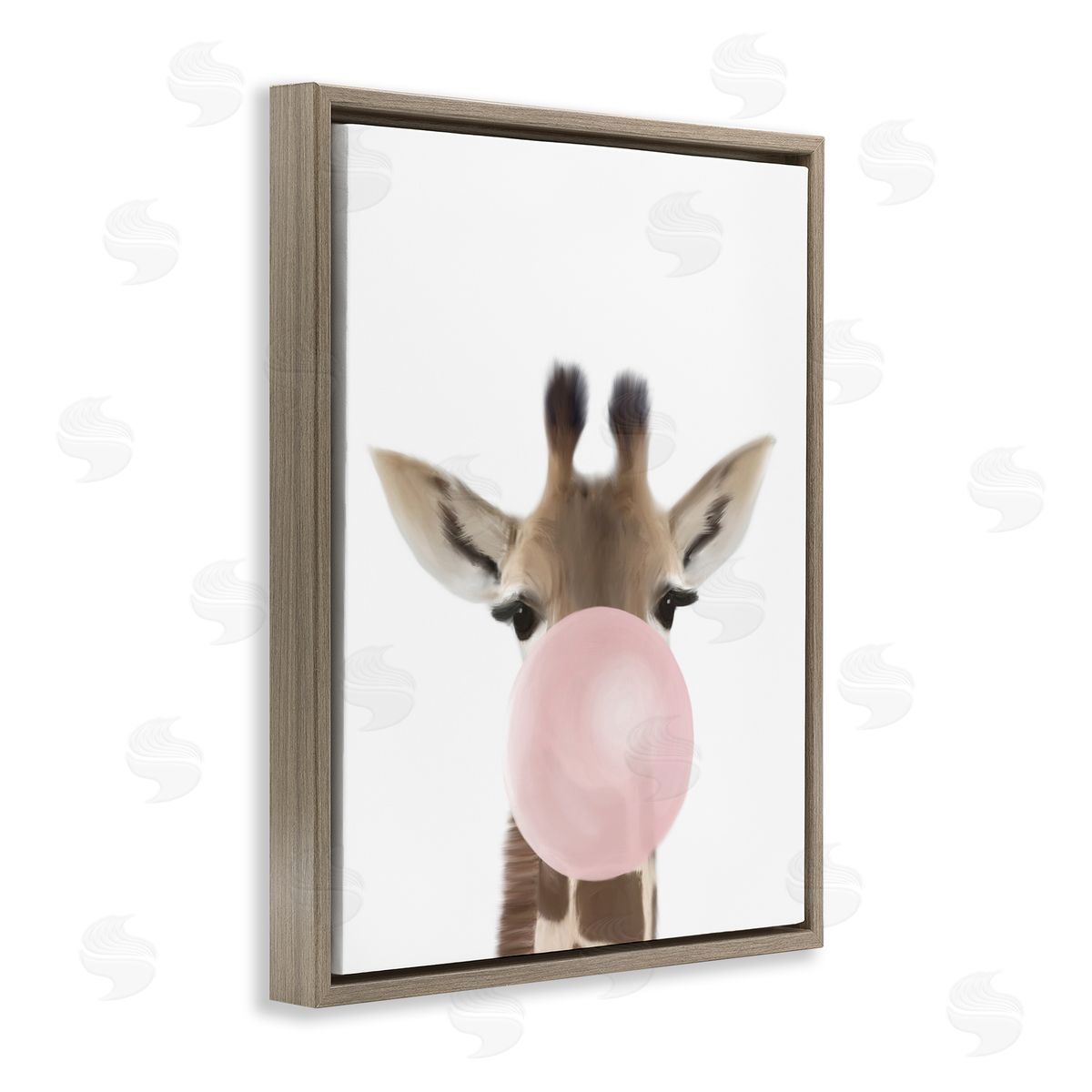 Leah Straatsma Baby Giraffe with Pink Bubble Gum Safari Animal Brown Floater Frame Canvas Art