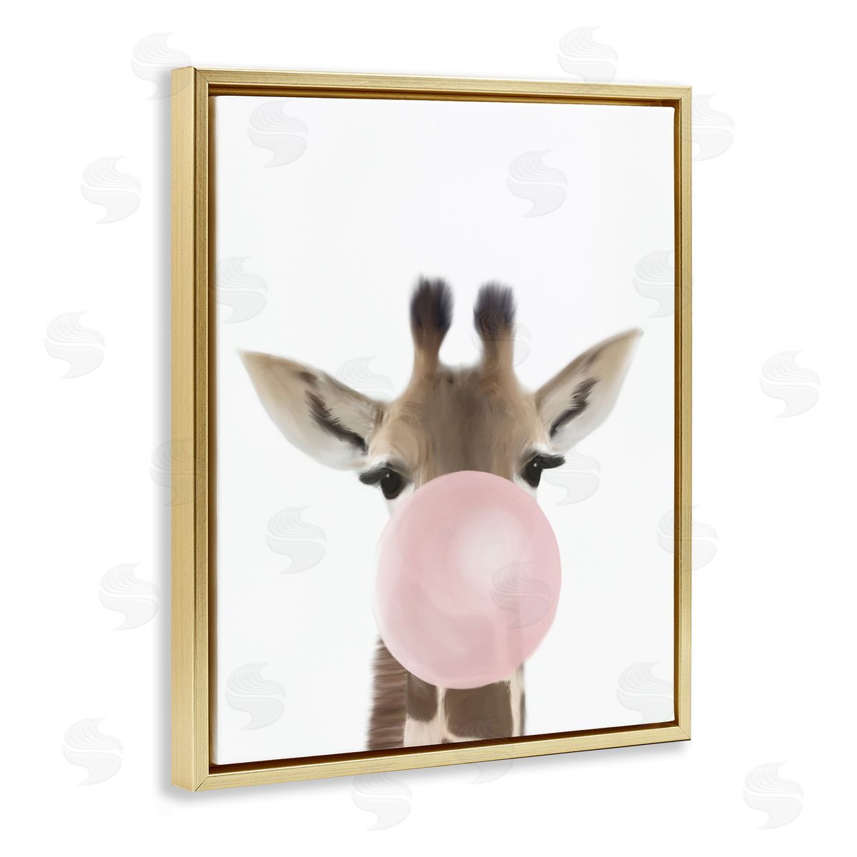 Leah Straatsma Baby Giraffe with Pink Bubble Gum Safari Animal Gold Floater Frame Canvas Art
