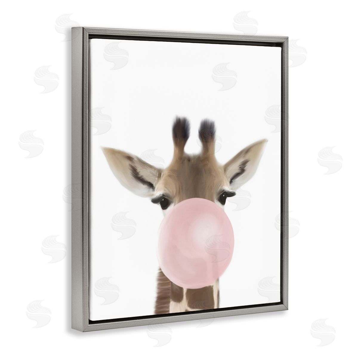 Leah Straatsma Baby Giraffe with Pink Bubble Gum Safari Animal Gray Floater Frame Canvas Art