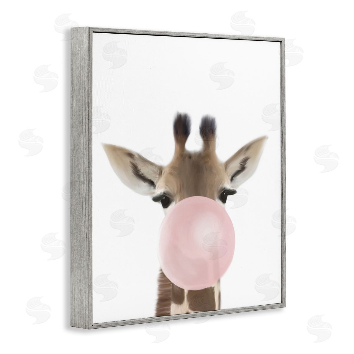 Leah Straatsma Baby Giraffe with Pink Bubble Gum Safari Animal Gray Framed Giclee Wall Art