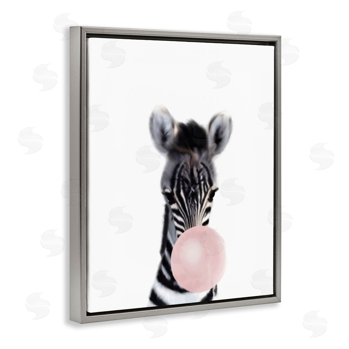 Leah Straatsma Baby Zebra with Pink Bubble Gum Safari Animal Gray Floater Frame Canvas Art