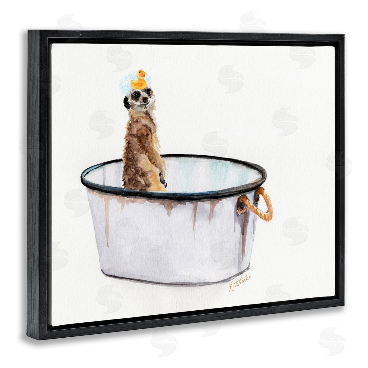 Jennifer Redstreake Meerkat Bubble Bath Vintage White Tin Tub Black Floater Frame Canvas Art