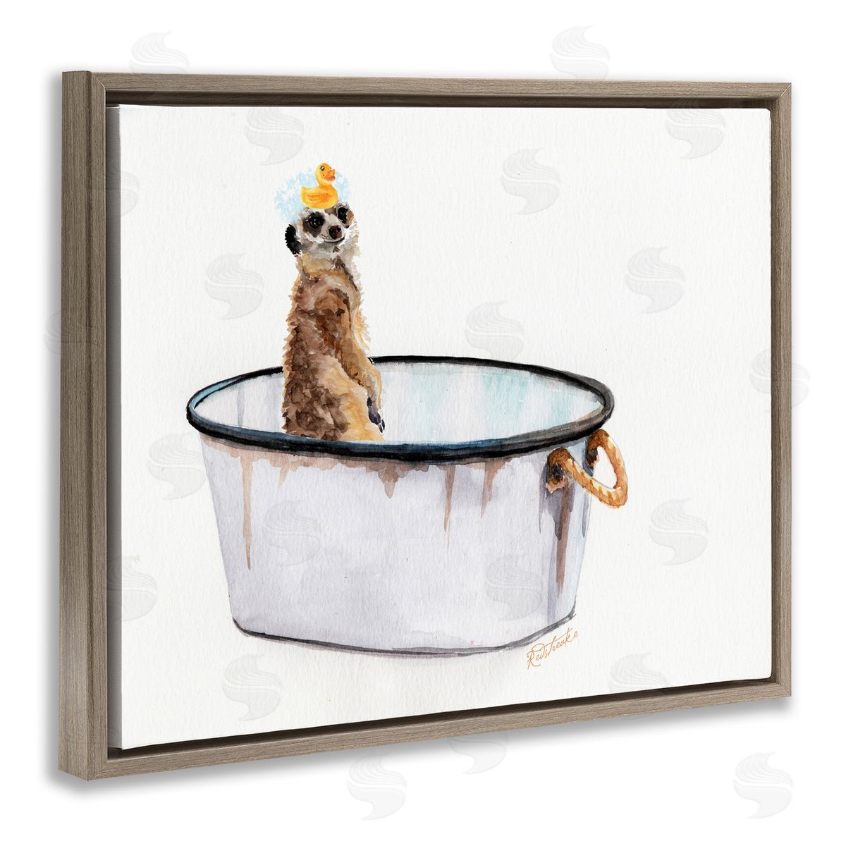 Jennifer Redstreake Meerkat Bubble Bath Vintage White Tin Tub Brown Floater Frame Canvas Art