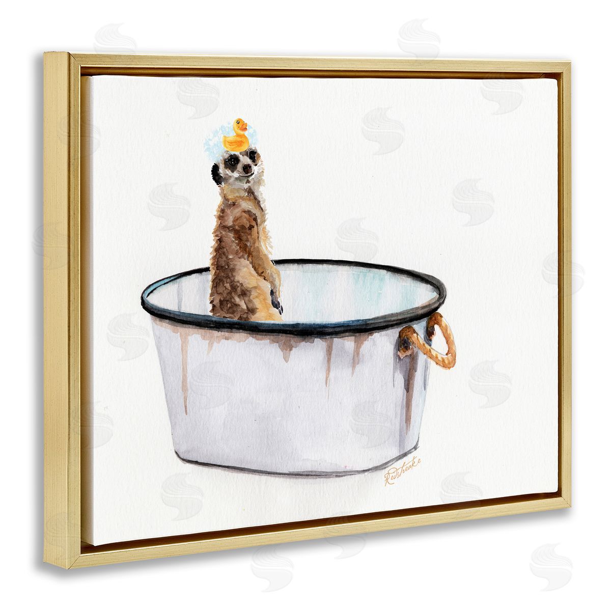 Jennifer Redstreake Meerkat Bubble Bath Vintage White Tin Tub Gold Floater Frame Canvas Art