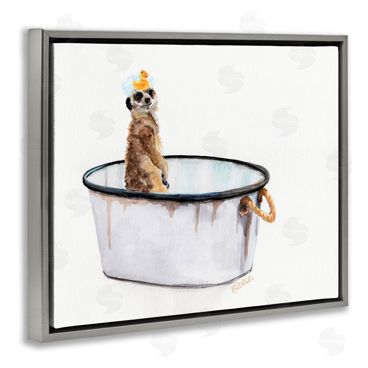 Jennifer Redstreake Meerkat Bubble Bath Vintage White Tin Tub Gray Floater Frame Canvas Art