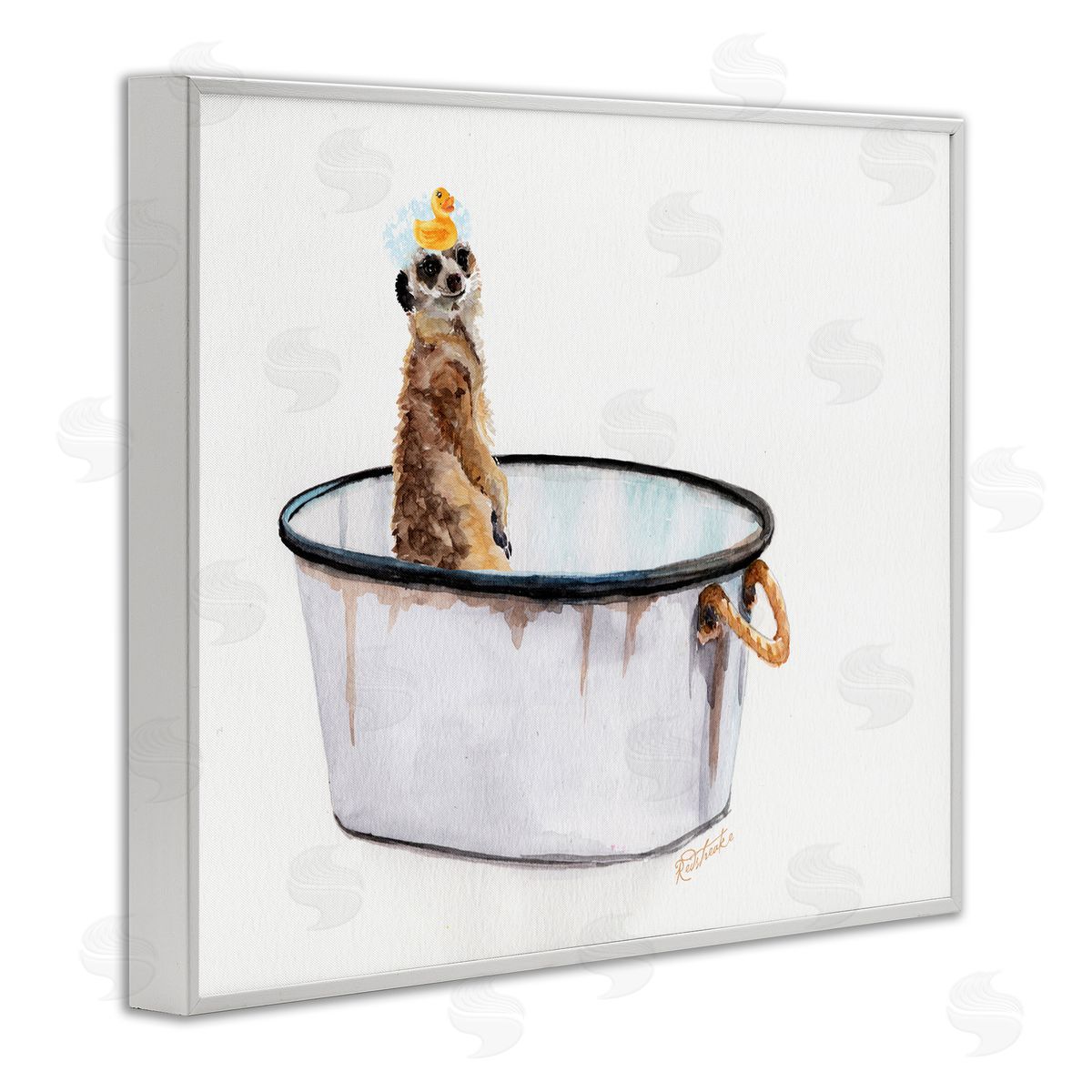 Jennifer Redstreake Meerkat Bubble Bath Vintage White Tin Tub White Framed Giclee Wall Art