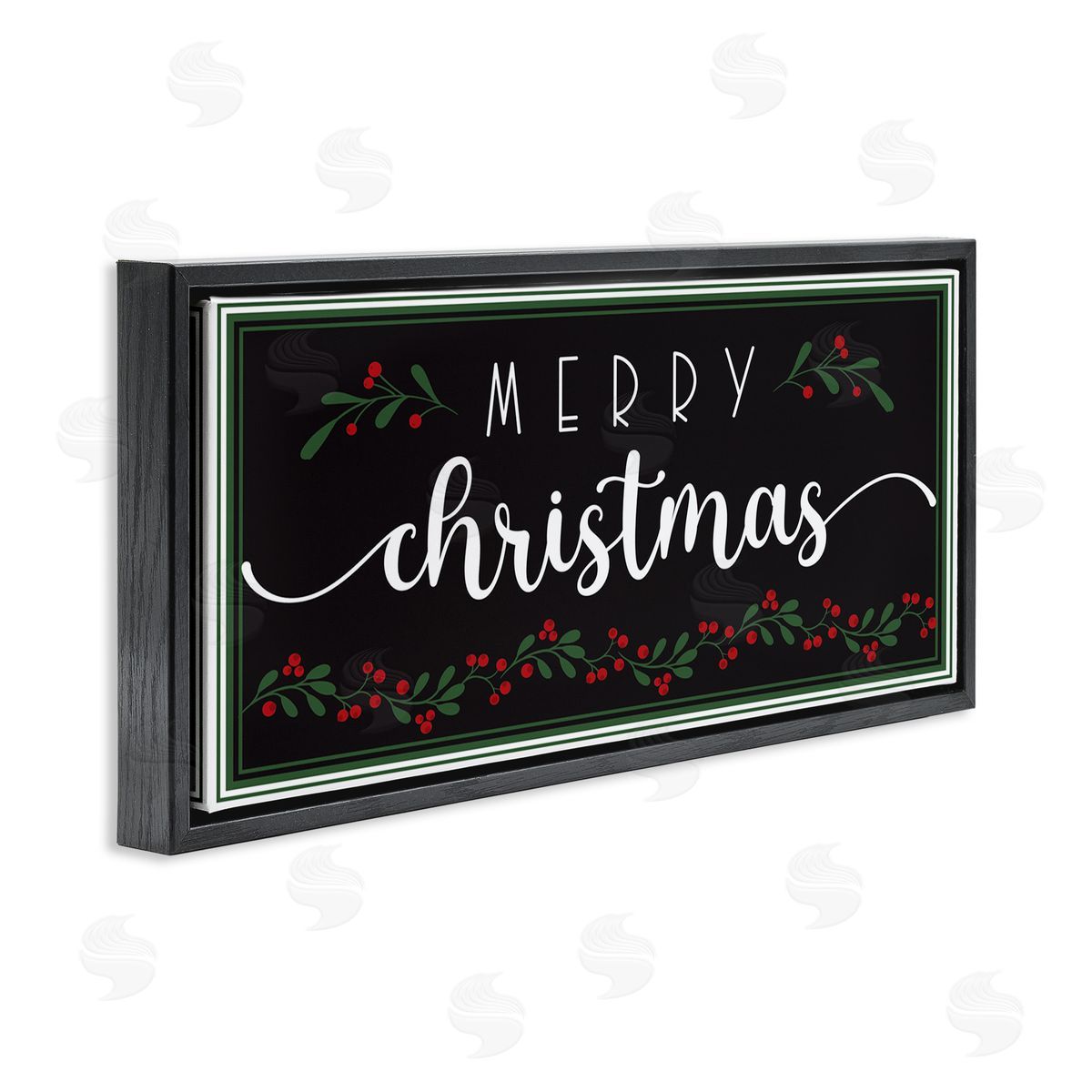 AE Design Merry Christmas Phrase over Black Festive Holly Black Floater Frame Canvas Art
