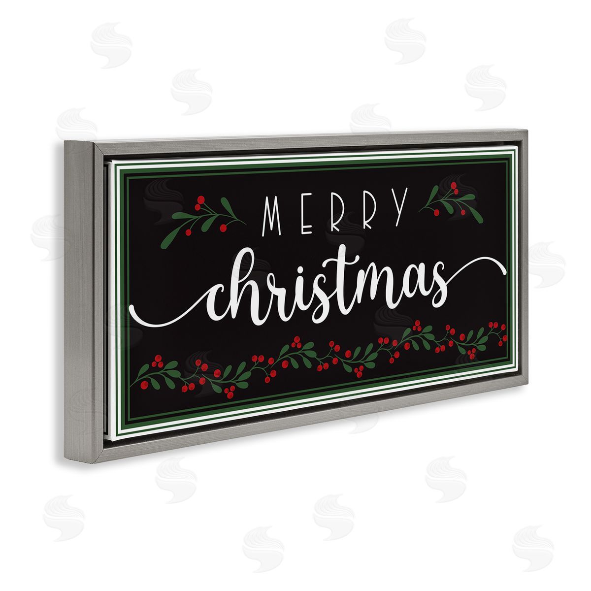 AE Design Merry Christmas Phrase over Black Festive Holly Gray Floater Frame Canvas Art