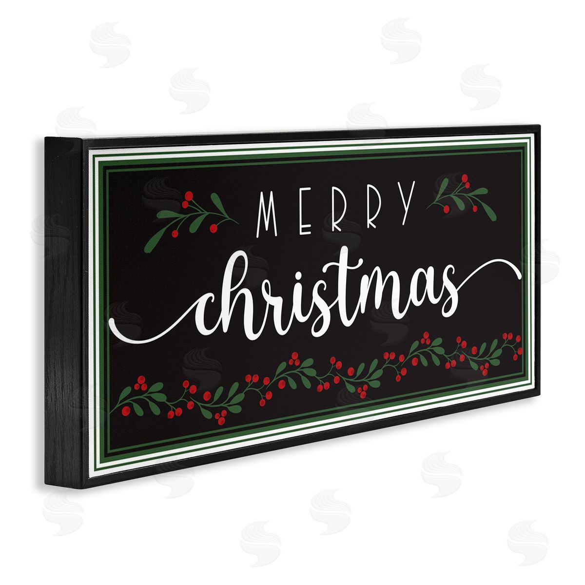 AE Design Merry Christmas Phrase over Black Festive Holly Black Framed Giclee Wall Art