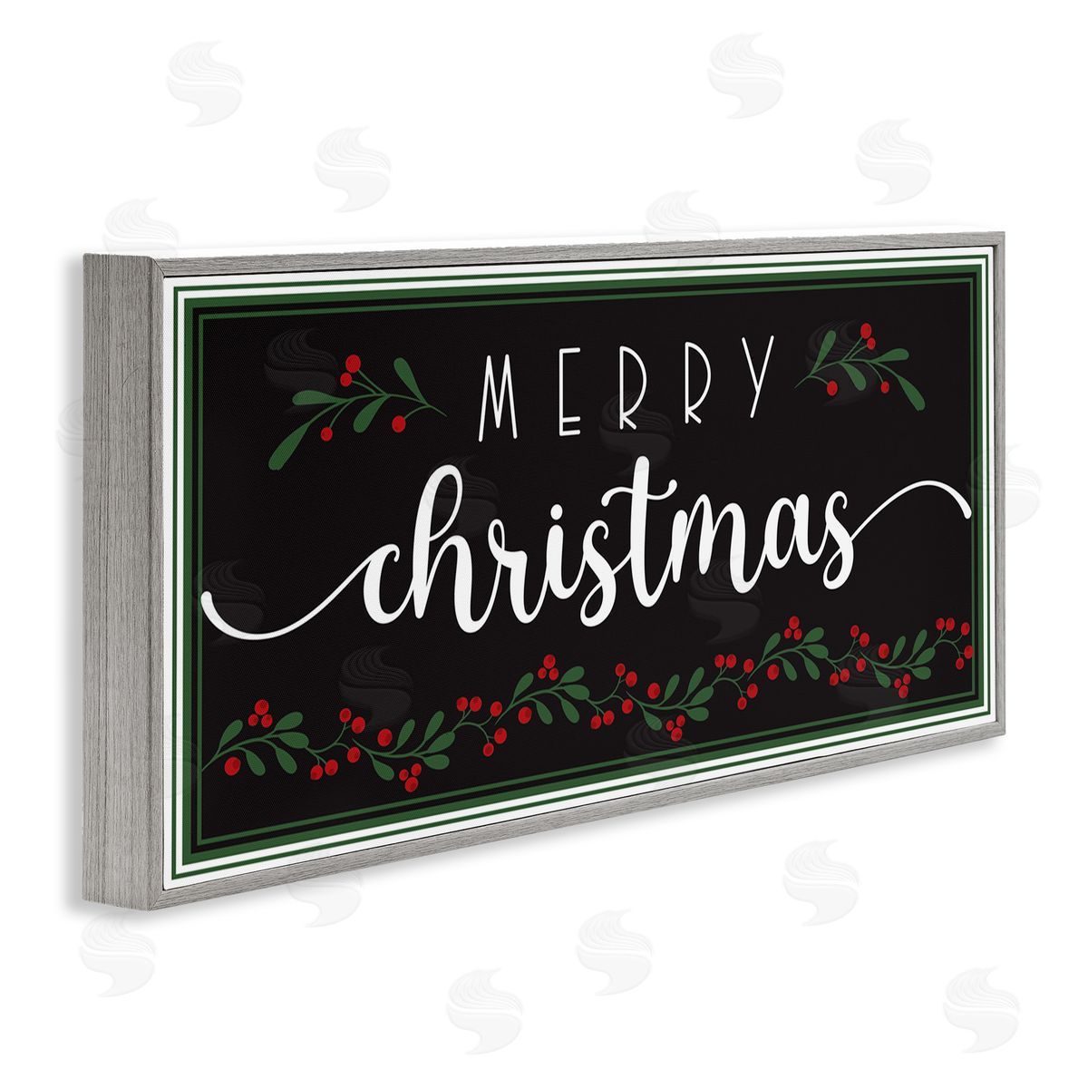 AE Design Merry Christmas Phrase over Black Festive Holly Gray Framed Giclee Wall Art