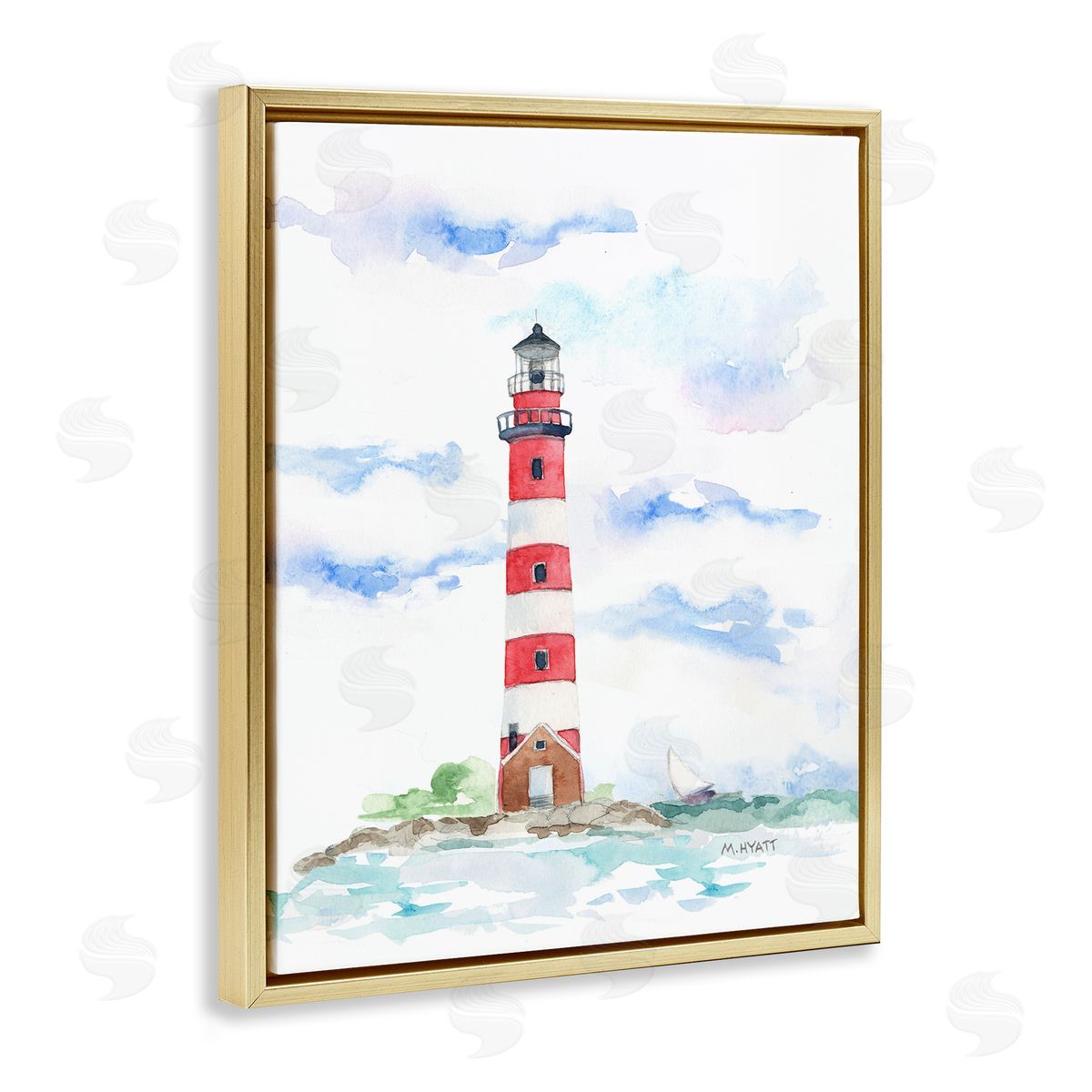 Melissa Hyatt Red Stripe Lighthouse Soft Coastal Landscape Gold Floater Frame Canvas Art