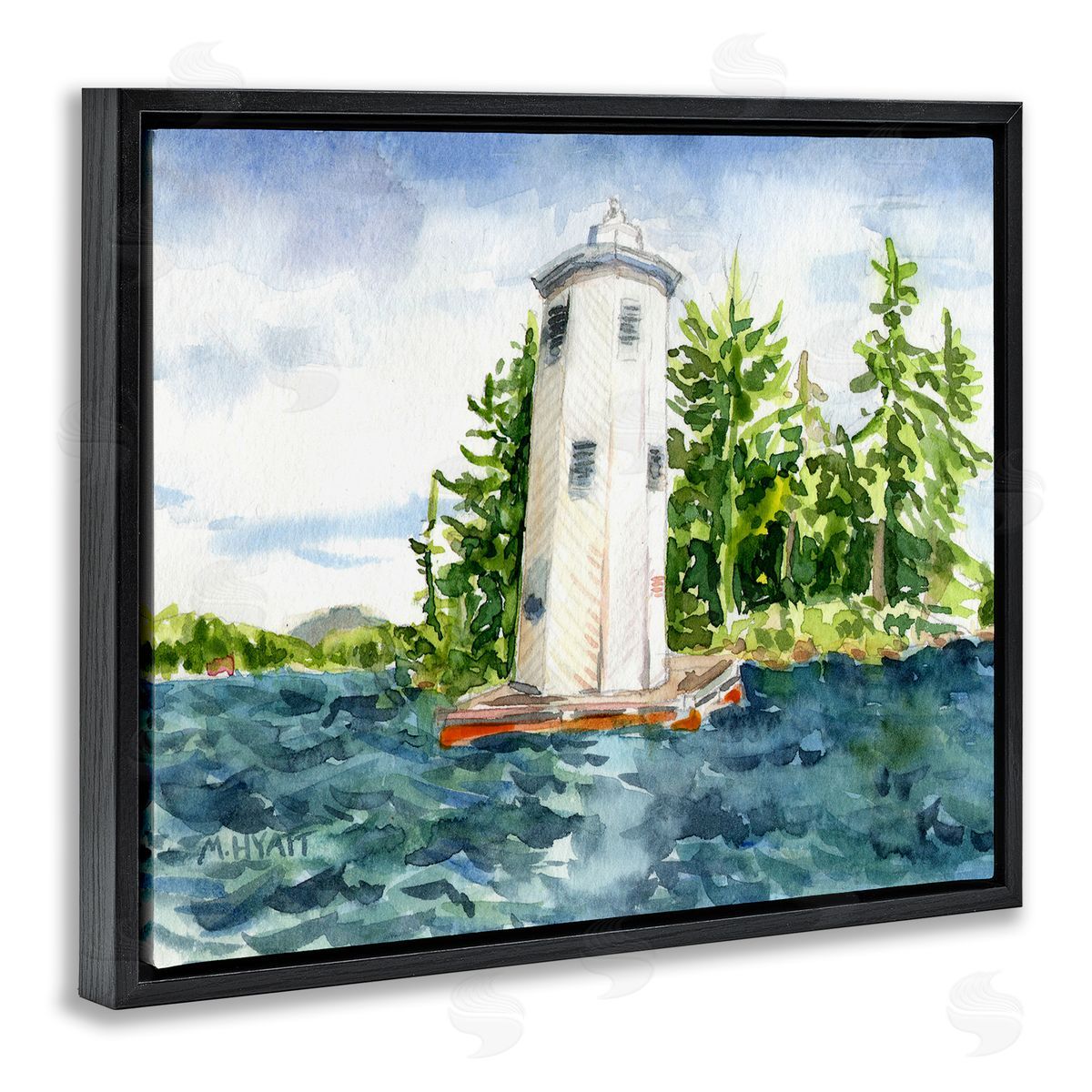 Melissa Hyatt Cove Side Lighthouse Rustic Lake Landscape Black Floater Frame Canvas Art