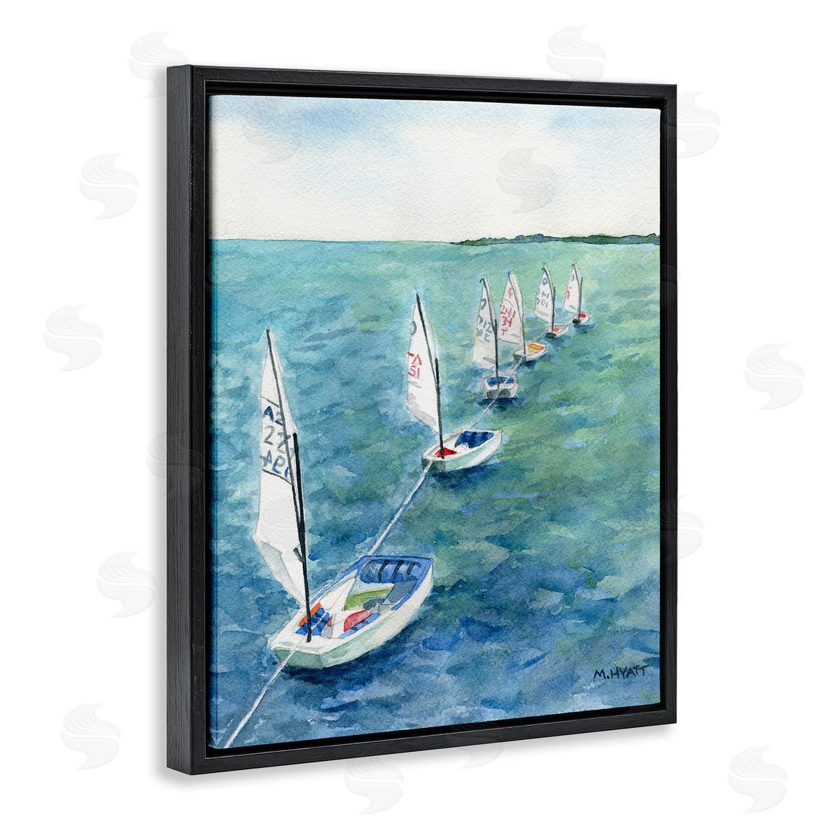 Melissa Hyatt Sail Boats Floating in a Row Coastal Landscape Black Floater Frame Canvas Art