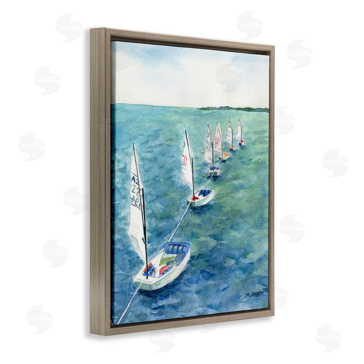 Melissa Hyatt Sail Boats Floating in a Row Coastal Landscape Brown Floater Frame Canvas Art