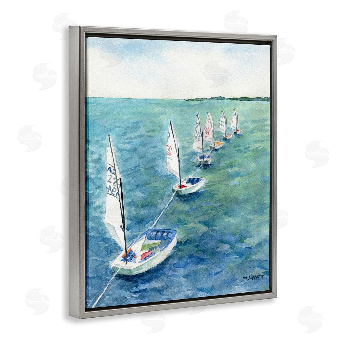 Melissa Hyatt Sail Boats Floating in a Row Coastal Landscape Gray Floater Frame Canvas Art