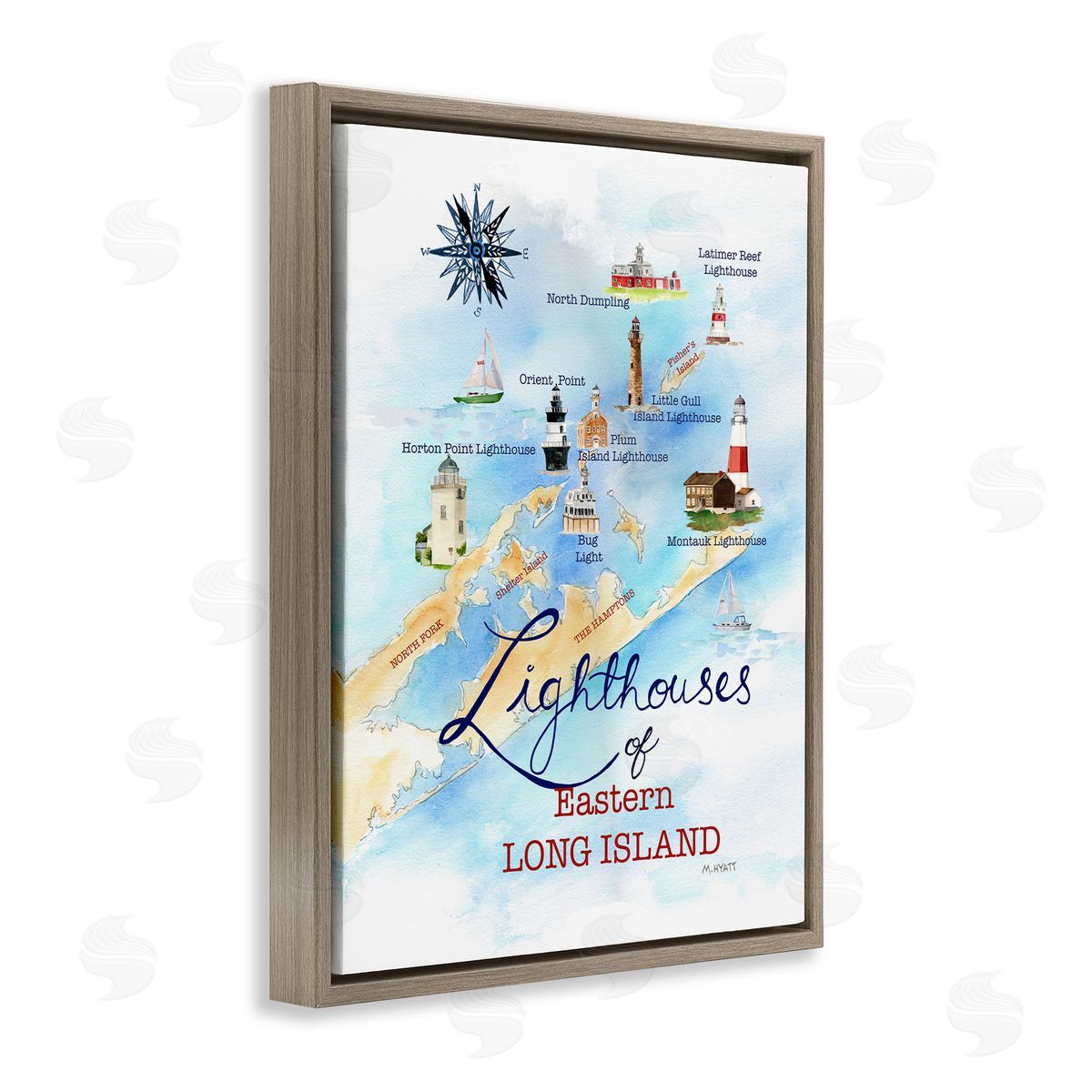 Melissa Hyatt Nautical Map of Eastern Long Island Lighthouses  Brown Floater Frame Canvas Art