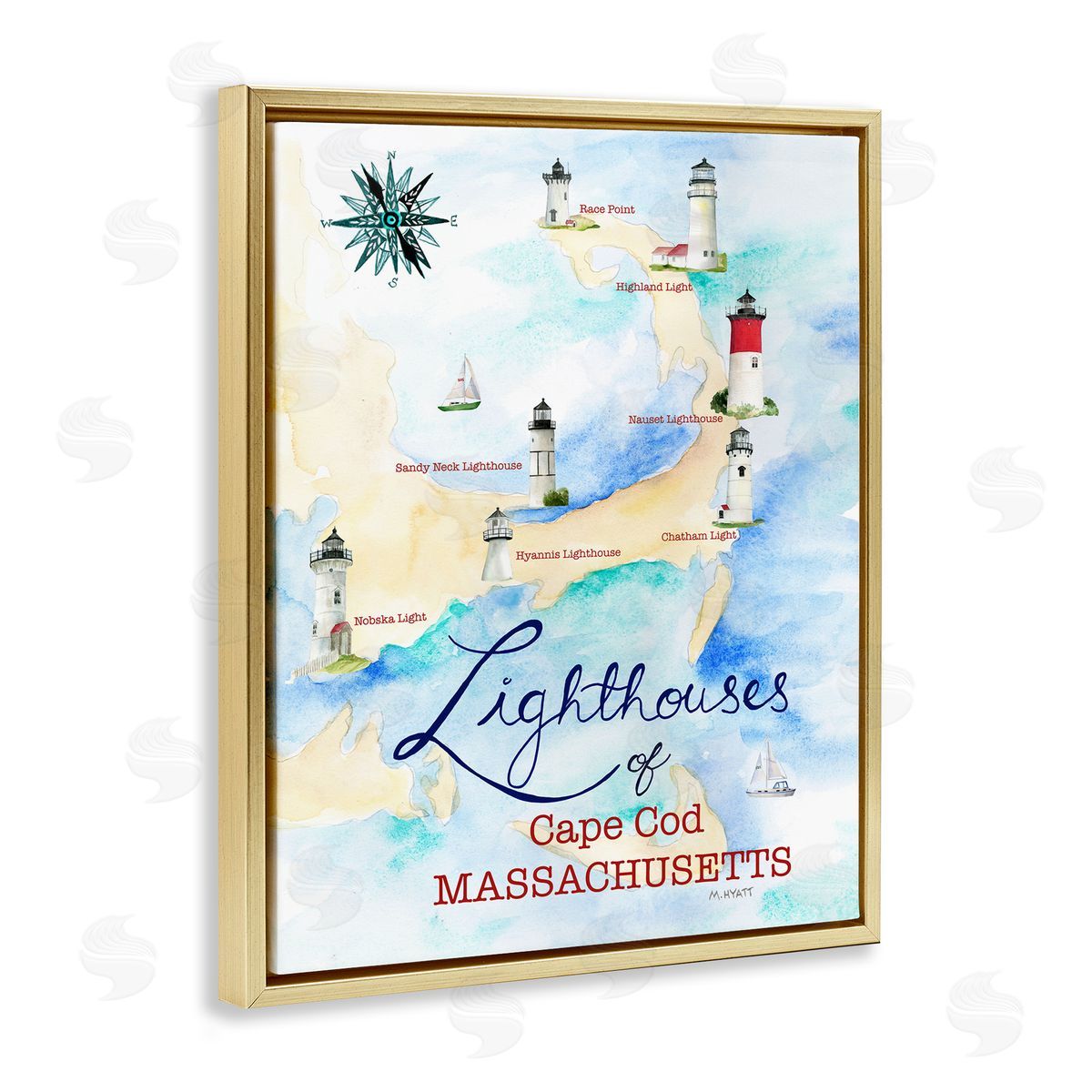 Melissa Hyatt Coastal Map of Cape Cod Massachusetts Lighthouses Gold Floater Frame Canvas Art