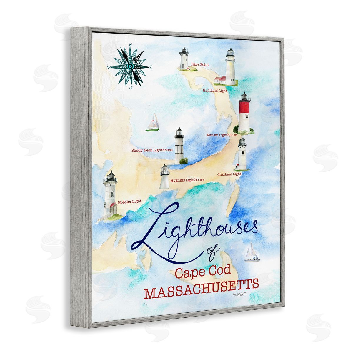 Melissa Hyatt Coastal Map of Cape Cod Massachusetts Lighthouses Gray Framed Giclee Wall Art