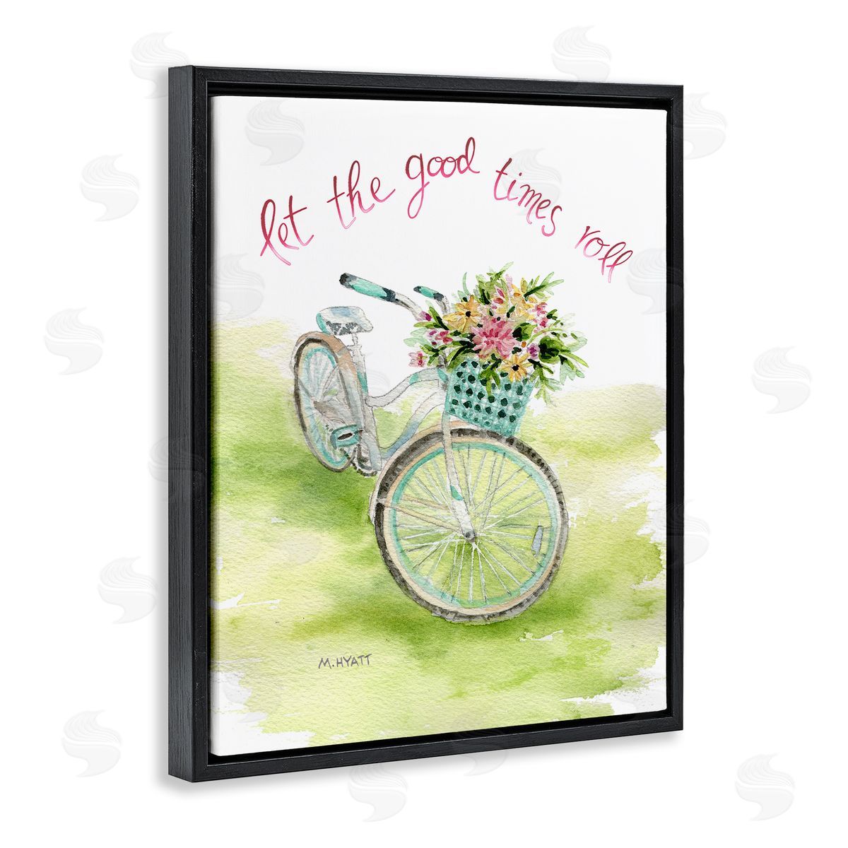 Melissa Hyatt Let Good Times Roll Phrase Blue Floral Bike Black Floater Frame Canvas Art