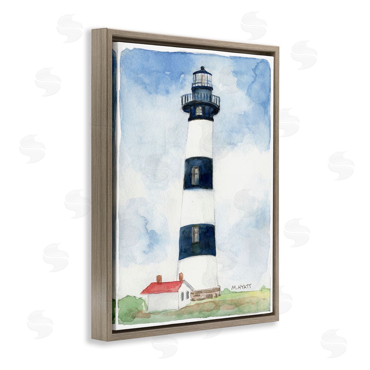 Melissa Hyatt Black Striped Lighthouse with Quaint Cabin Brown Floater Frame Canvas Art