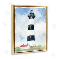 Melissa Hyatt | Black Striped Lighthouse with Quaint Cabin