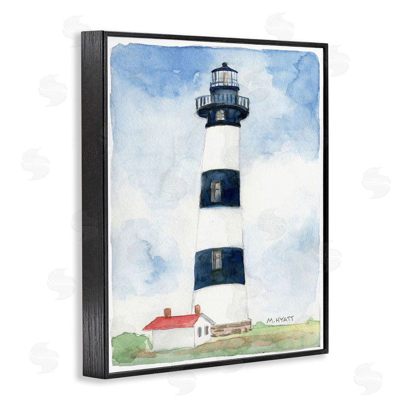 Melissa Hyatt | Black Striped Lighthouse with Quaint Cabin