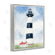 Melissa Hyatt | Black Striped Lighthouse with Quaint Cabin
