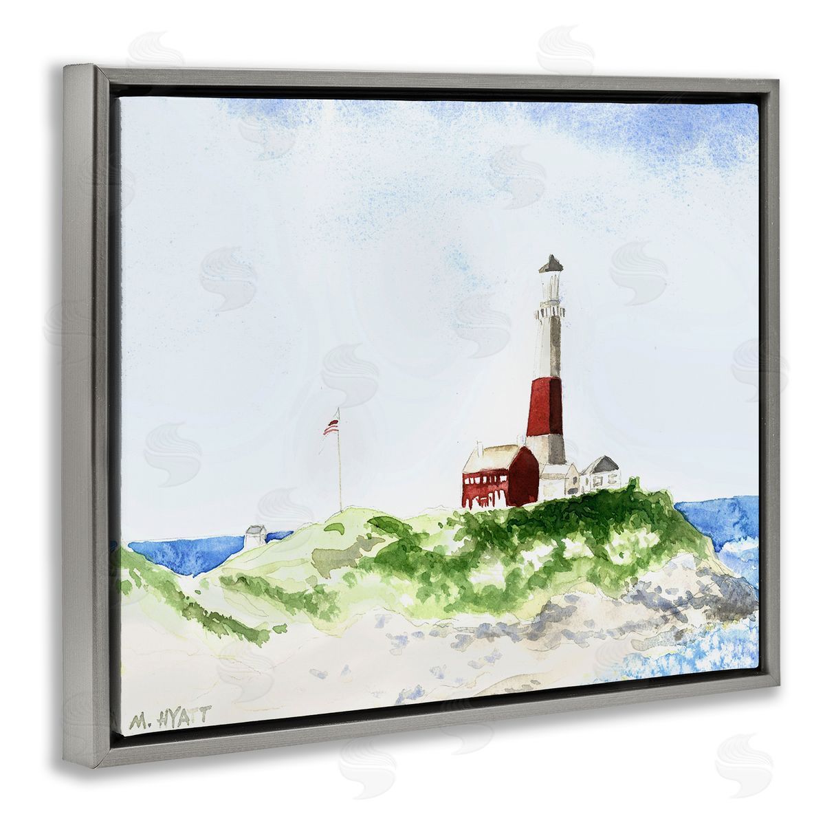 Melissa Hyatt Red Striped Lighthouse on Coastal Cliff Gray Floater Frame Canvas Art