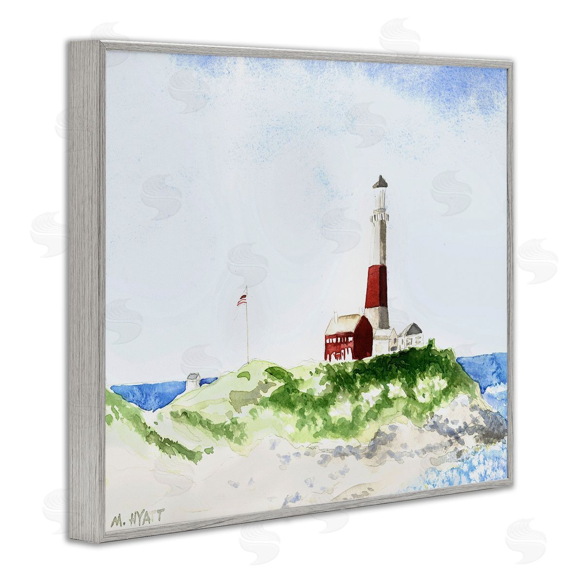 Melissa Hyatt Red Striped Lighthouse on Coastal Cliff Gray Framed Giclee Wall Art