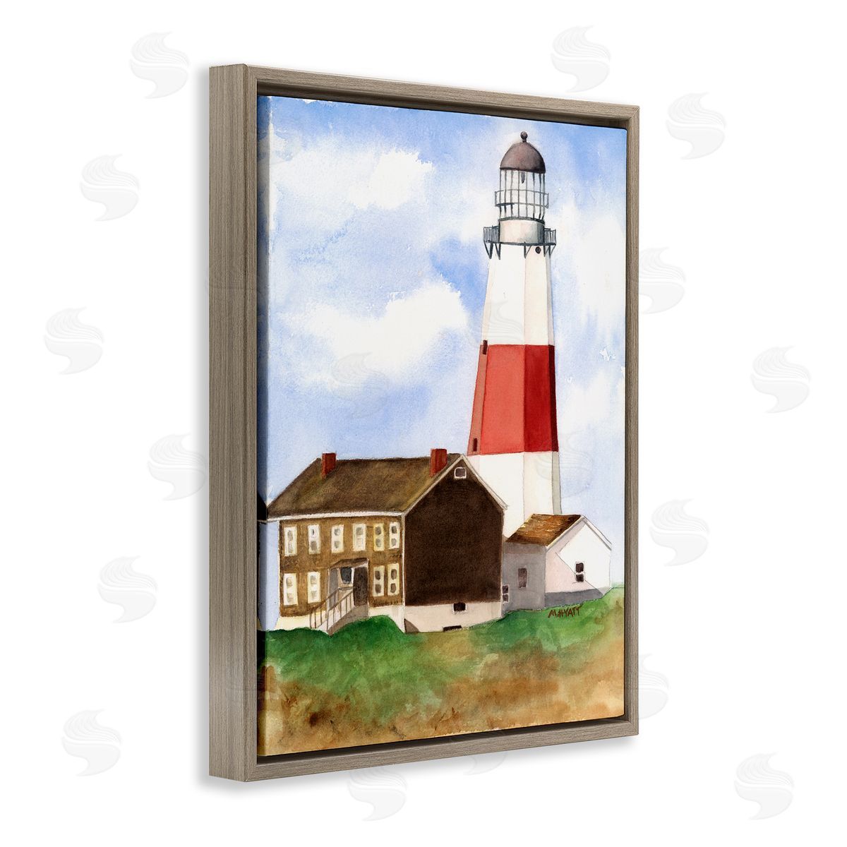 Melissa Hyatt Nautical Red Striped Lighthouse Coastal Cliff Architecture Brown Floater Frame Canvas Art