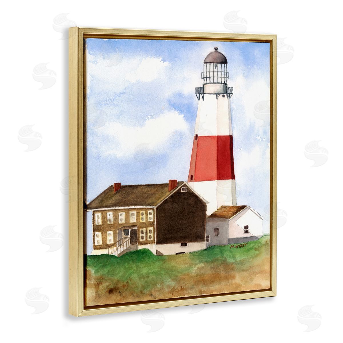 Melissa Hyatt Nautical Red Striped Lighthouse Coastal Cliff Architecture Gold Floater Frame Canvas Art