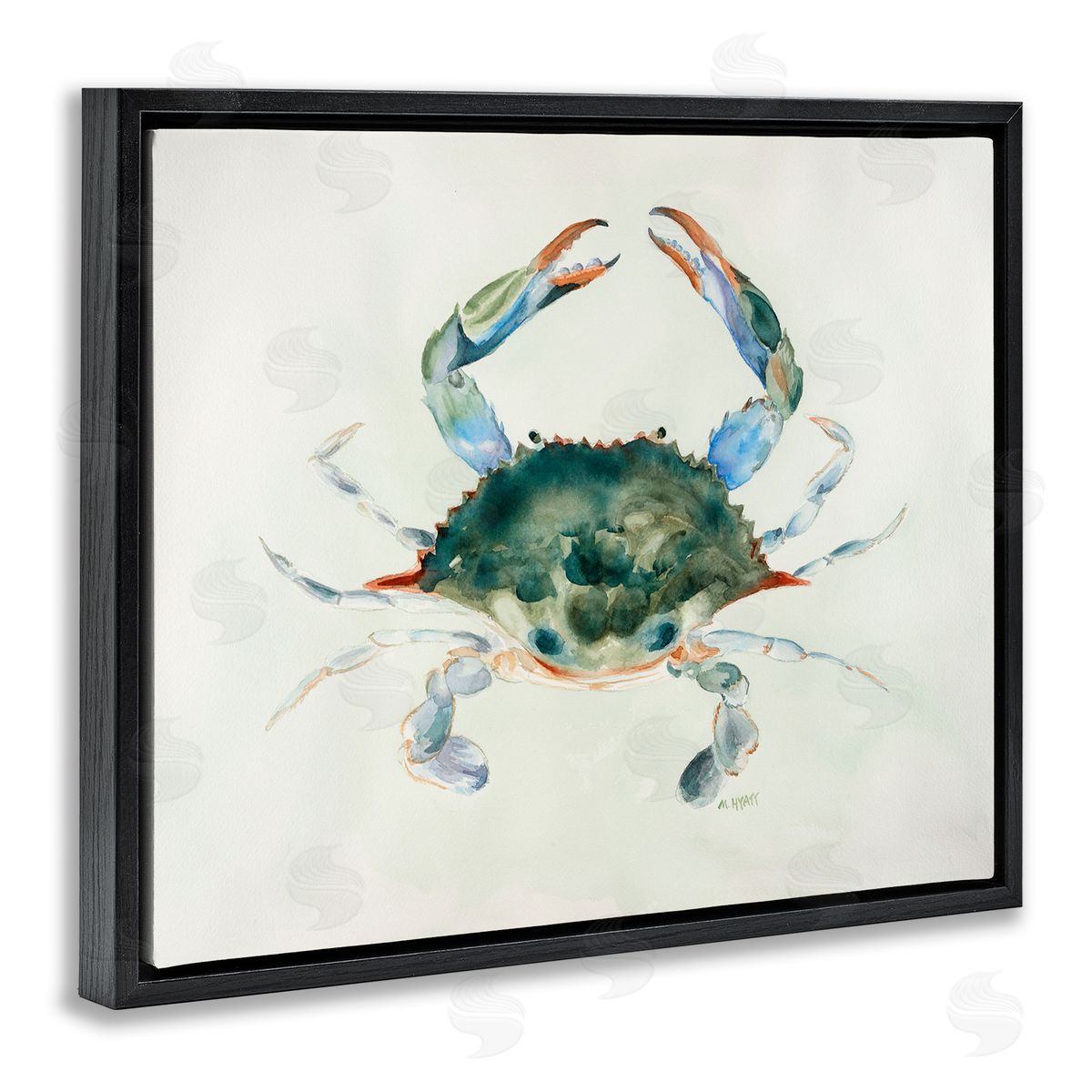 Melissa Hyatt Blue Sea Crab Over Beige Soft Watercolors Black Floater Frame Canvas Art