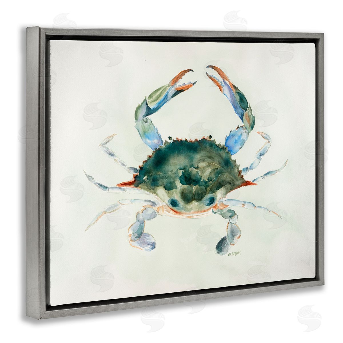 Melissa Hyatt Blue Sea Crab Over Beige Soft Watercolors Gray Floater Frame Canvas Art
