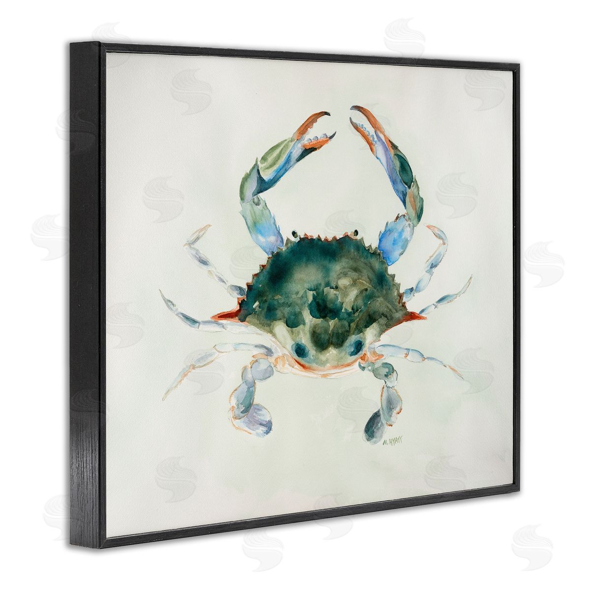 Melissa Hyatt Blue Sea Crab Over Beige Soft Watercolors Black Framed Giclee Wall Art