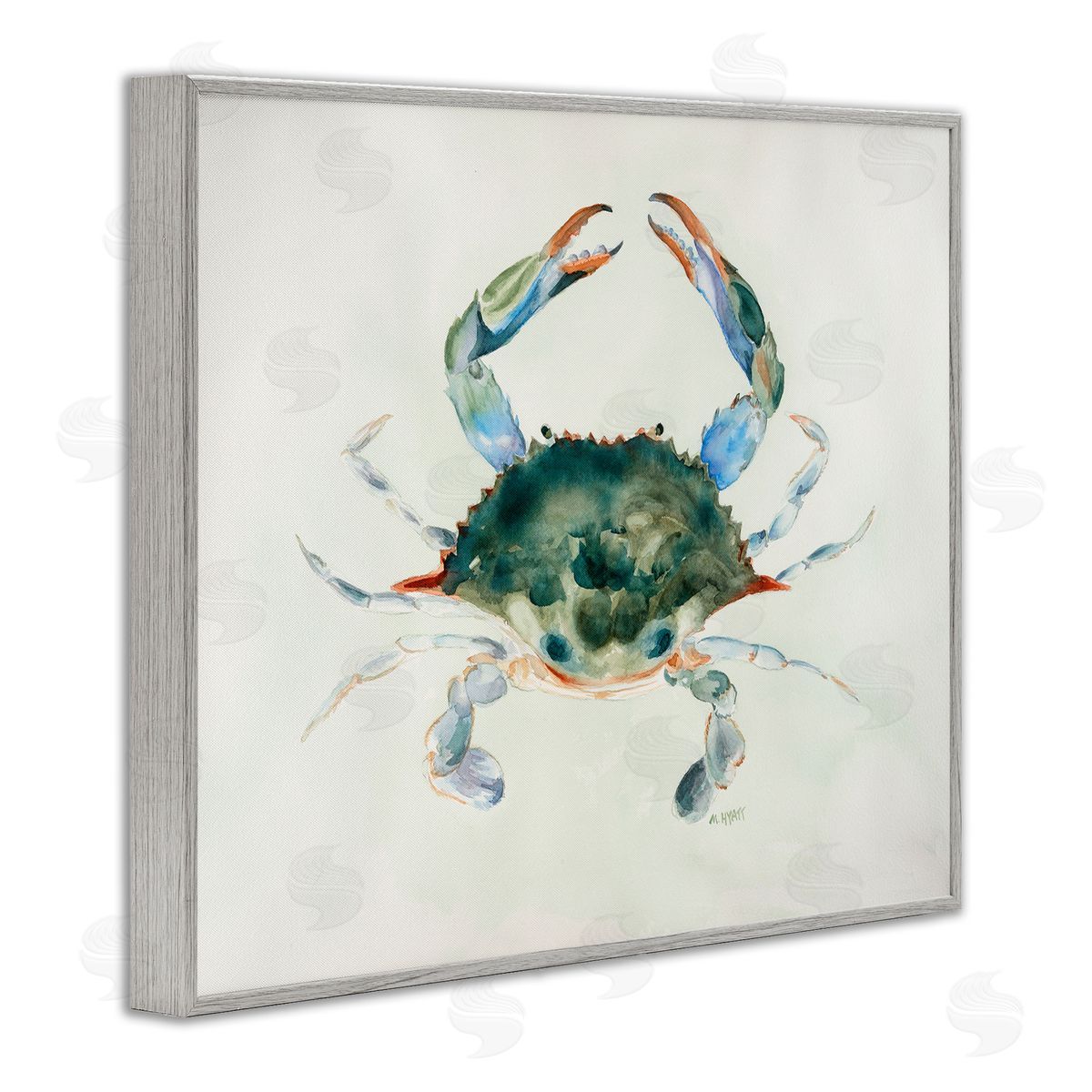 Melissa Hyatt Blue Sea Crab Over Beige Soft Watercolors Gray Framed Giclee Wall Art