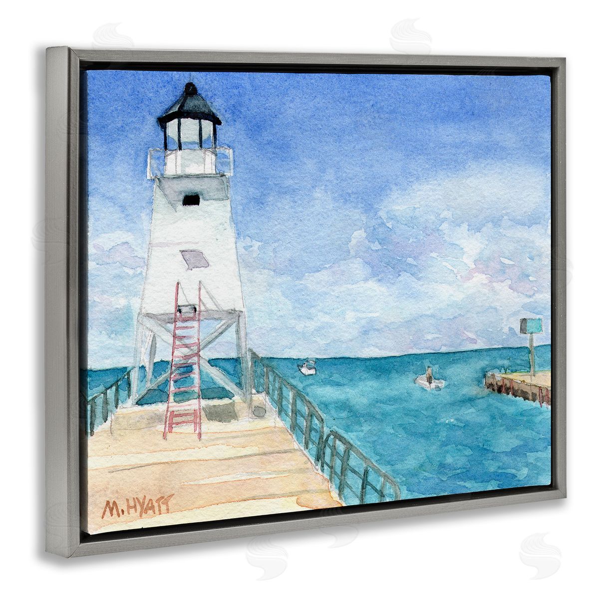 Melissa Hyatt Boardwalk Leading to Lighthouse Seaside Landscape Gray Floater Frame Canvas Art