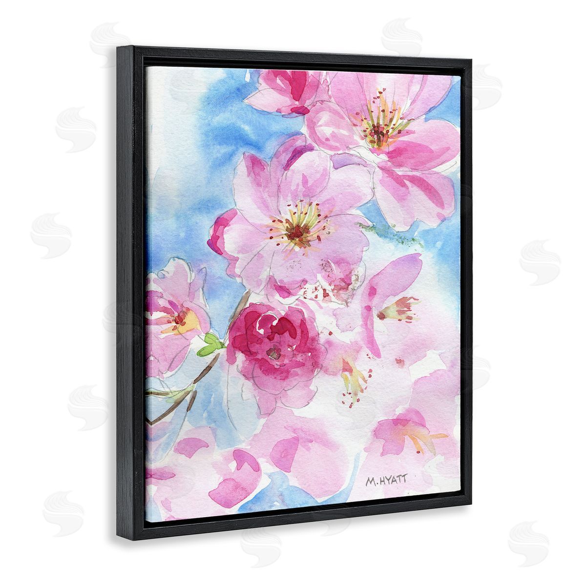 Melissa Hyatt Cherry Blossom Pink Florals Blooming over Blue  Black Floater Frame Canvas Art