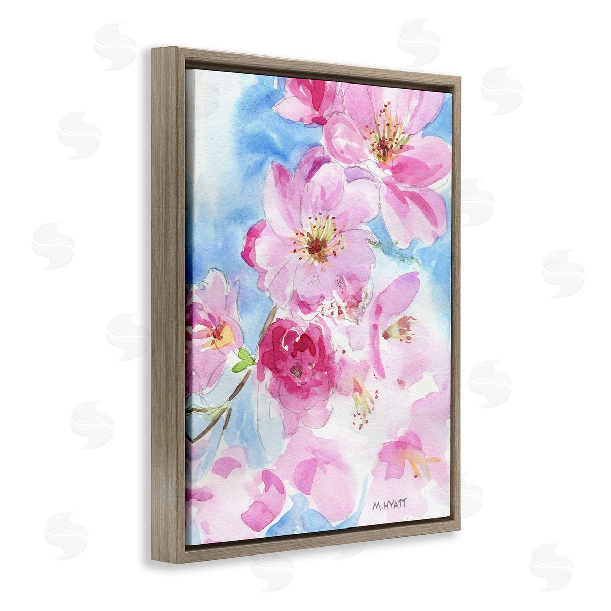 Melissa Hyatt Cherry Blossom Pink Florals Blooming over Blue  Brown Floater Frame Canvas Art