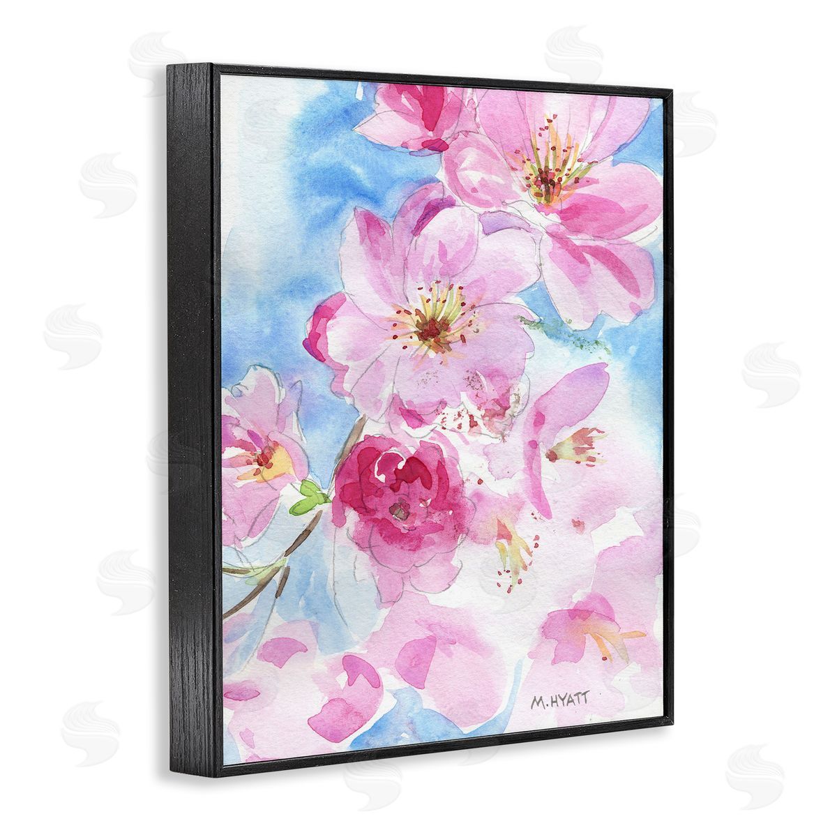 Melissa Hyatt Cherry Blossom Pink Florals Blooming over Blue  Black Framed Giclee Wall Art