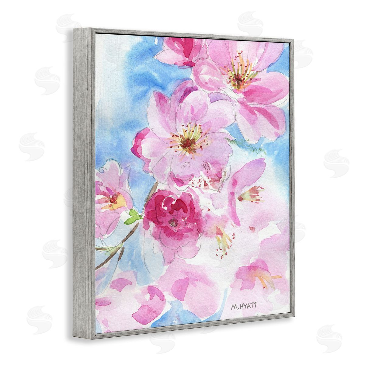 Melissa Hyatt Cherry Blossom Pink Florals Blooming over Blue  Gray Framed Giclee Wall Art