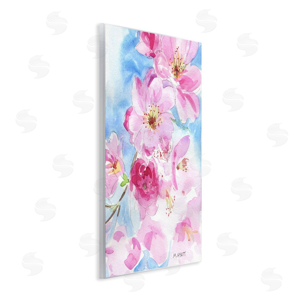 Melissa Hyatt Cherry Blossom Pink Florals Blooming over Blue  Wall Plaque Art