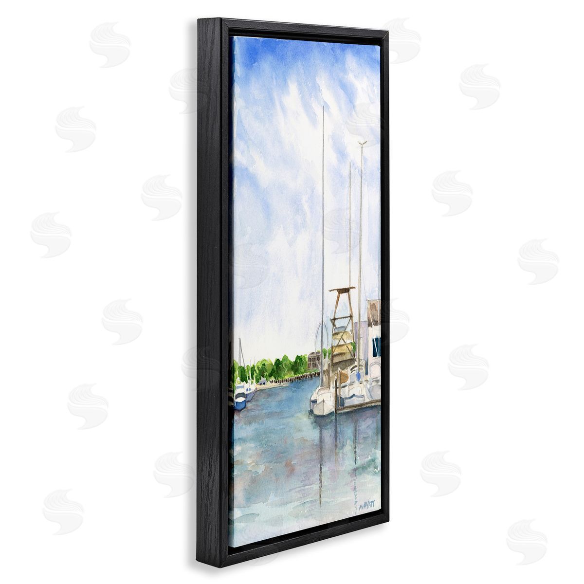 Melissa Hyatt Boats at Dock Summer Lakeside Landscape Black Floater Frame Canvas Art