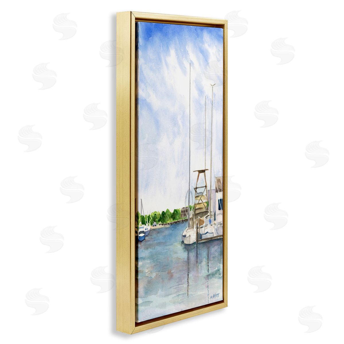 Melissa Hyatt Boats at Dock Summer Lakeside Landscape Gold Floater Frame Canvas Art